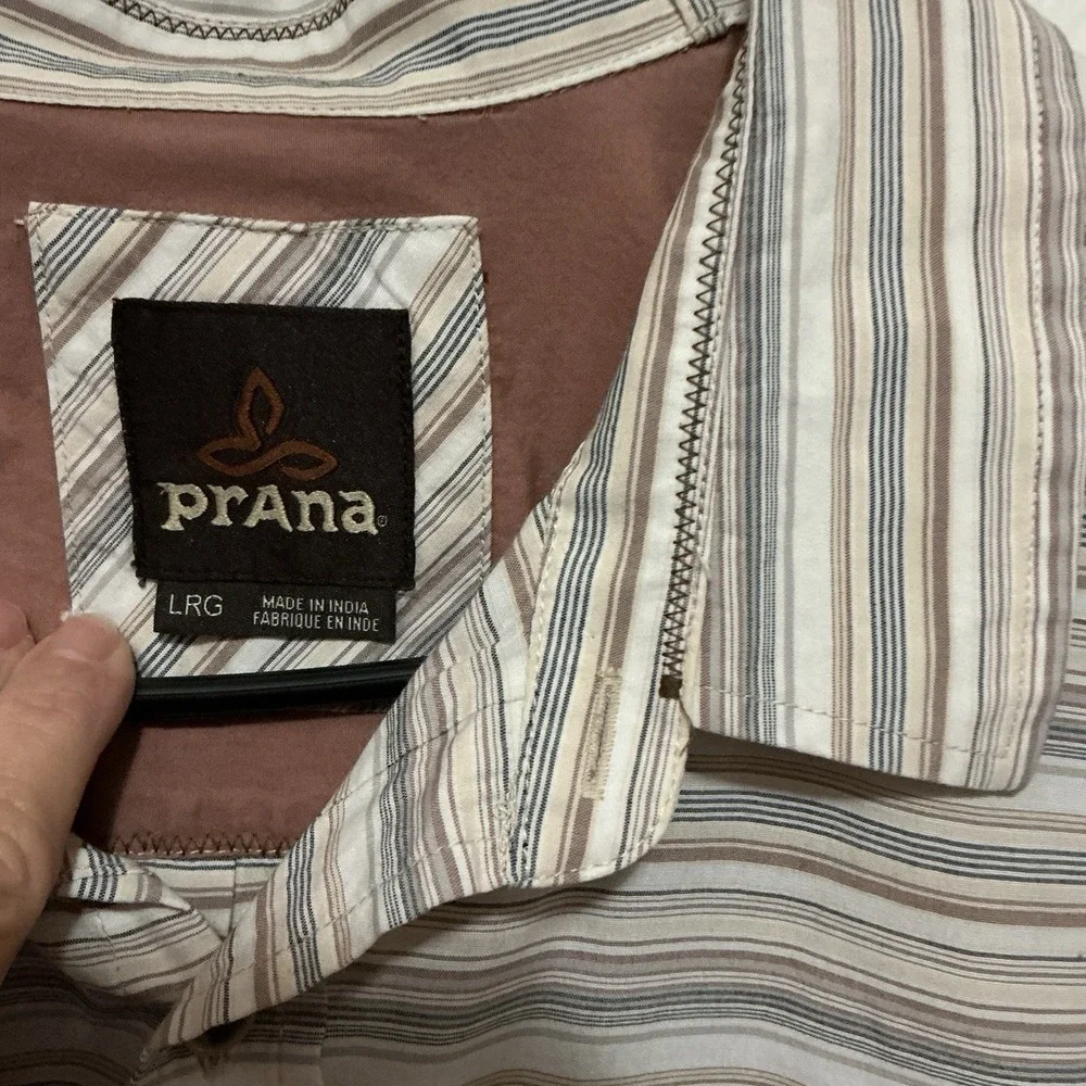 Prana Men's Button Up Short Sleeve‎ Shirt Stripes Large Neutral Tan Blue Cream